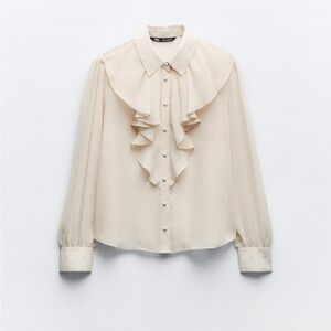 Zara Crème Ruffle Textured Button Down Blouse Size Medium
